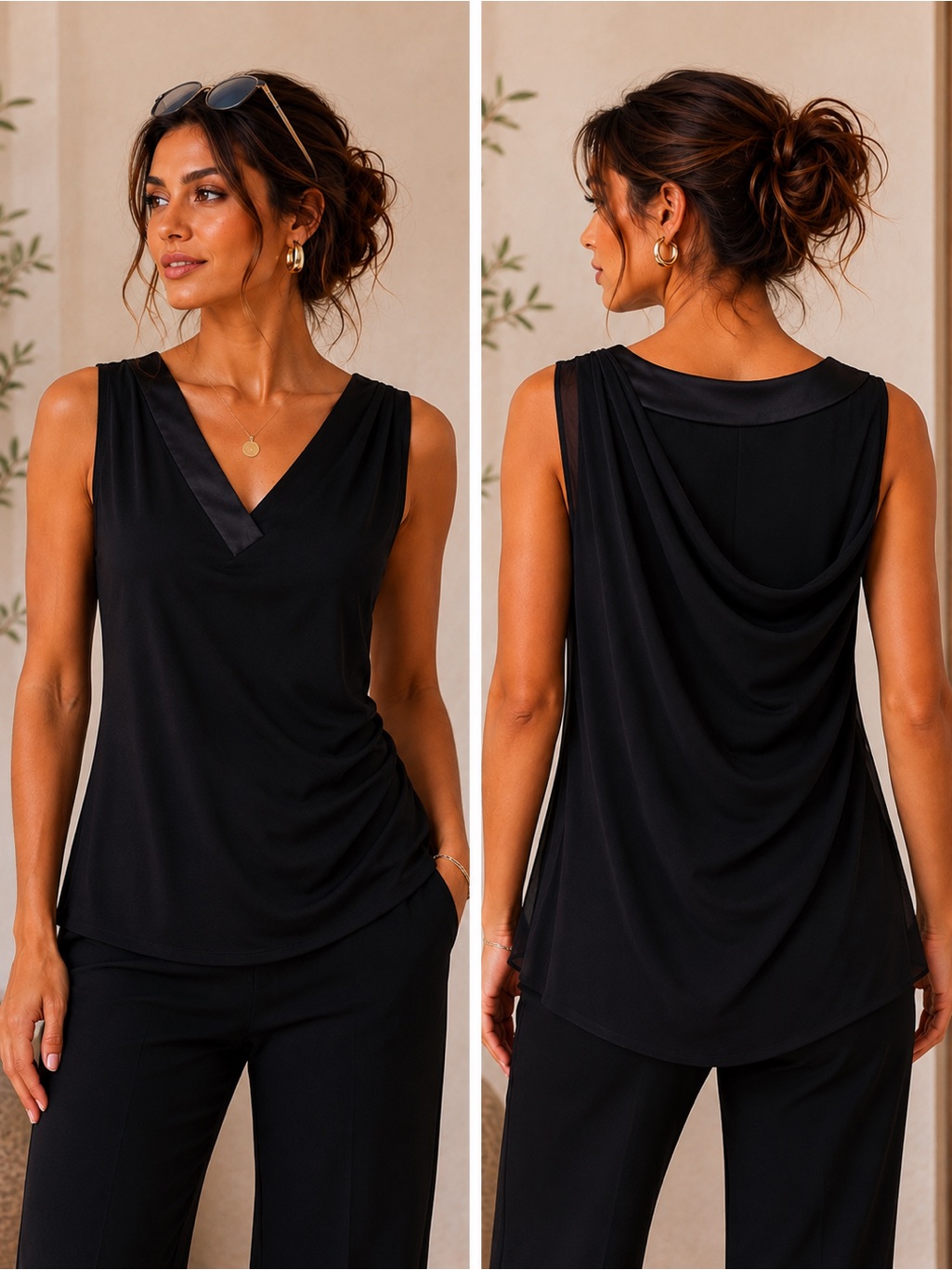 White House Black Market Black Draped-Back V-Neck Sleeveless Top
